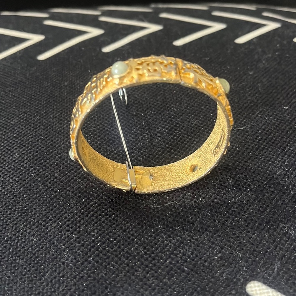 Oleg Cassini Gold Plated Bangle bracelet with Jade Stones and Chinese writing